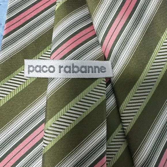 Paco Rabanne Olive Green & Pink Striped Silk Tie A38 - Picture 2 of 4